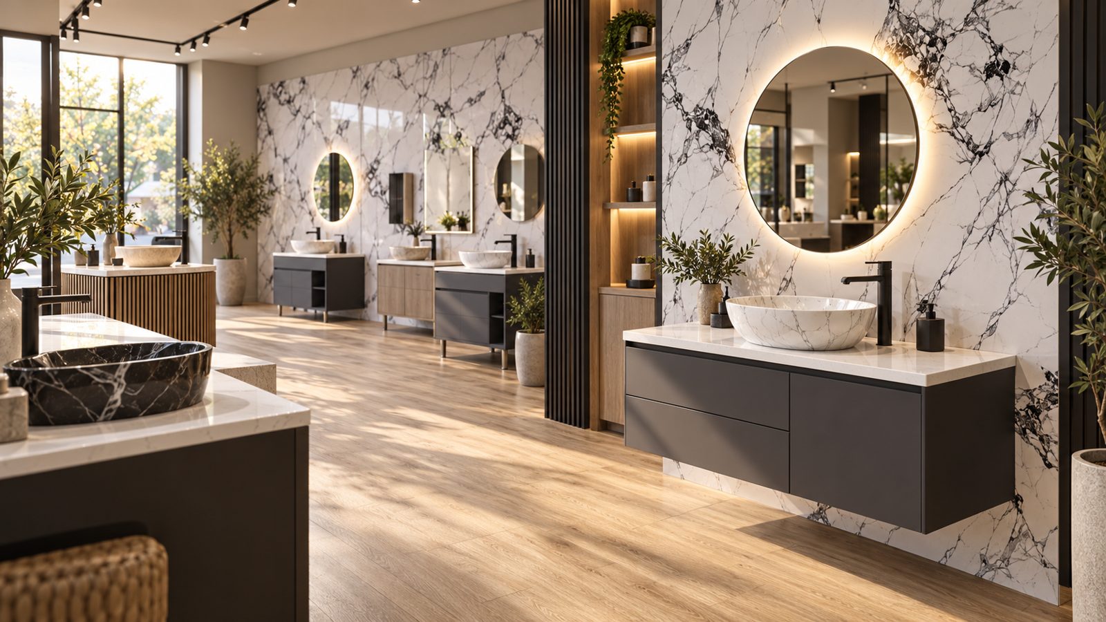 Baño de showroom con pared de mármol