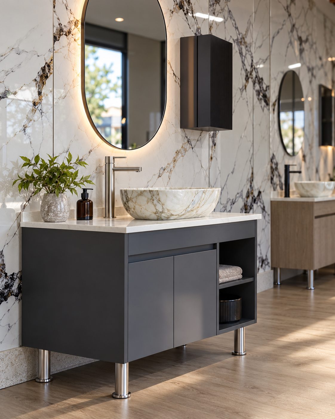 Mueble de baño gris con lavamanos de piedra y espejo