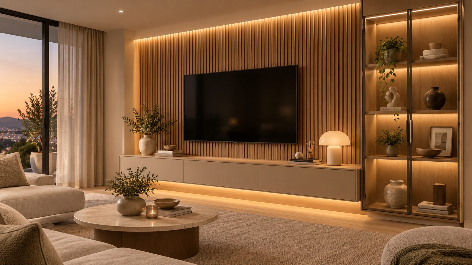 Rack de TV con listones y luz LED